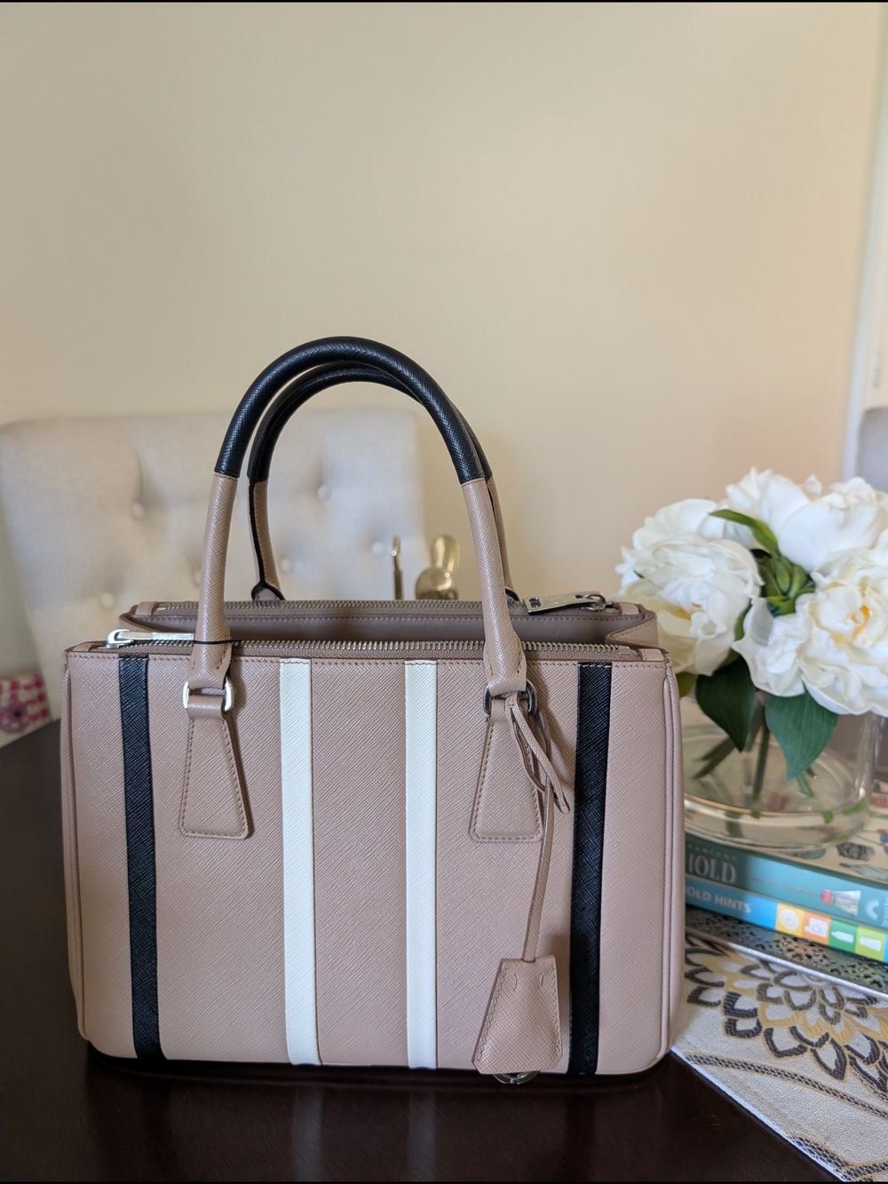 PRADA tricolor stripe Saffiano Top Handle Satchel